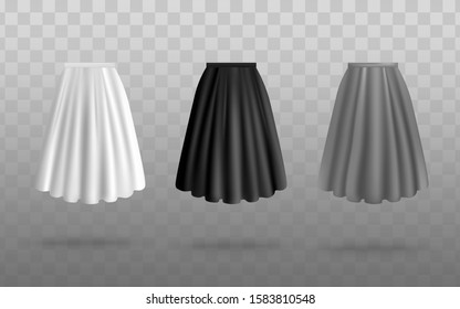 White, gray and black variation skirts, women cloth apparel set of realistic vector illustration isolated on transparent background. Pleated full textile skirt mock up.