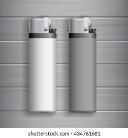 White and Gray Blank Lighters Template for Advertising and Corporate Identity. Realistic White and Gray Lighters Mockup Vector with Wood Background.