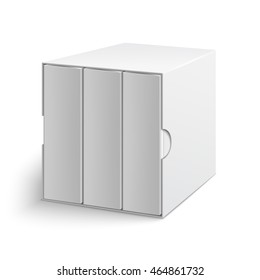 White gray cardboard box cover with group of blank books on isolated white background. Mock-up template ready for design