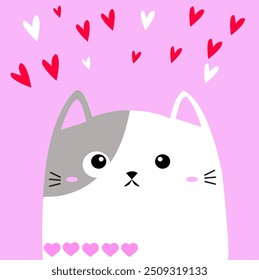 Branco com cabeça de cara de gato cinzento. Gatinho fofo. Corações brancos vermelhos. Feliz Dia dos Namorados. Bonito personagem de gatinho engraçado de desenho animado. Kawaii animal no amor. Cartão comemorativo . Plano