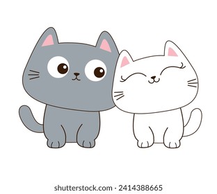 Gato gris blanco. Doodle de línea de contorno. Feliz Día de San Valentín. La pareja de amor está sentada gatitos. Caricatura graciosa del personaje de gatito. Un animal kawaii enamorado. Tarjeta de felicitación Diseño plano Vector de fondo blanco