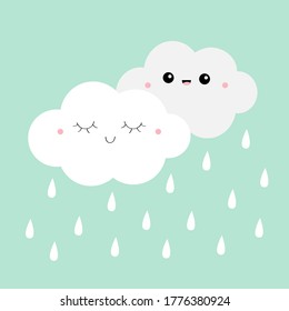 White gray cloud rain drop icon set. Smiling sleeping face. Fluffy clouds. Cute cartoon kawaii cloudscape. Love card. Cloudy weather sign symbols. Flat design. Blues sky background. Isolated Vector