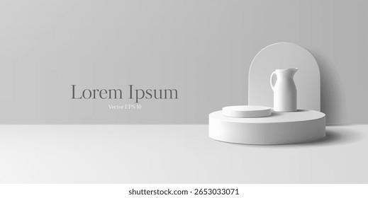 White and gray empty 3D podium, jug, and wall. Modern minimalistic room scene with a round podium for advertising goods and products. Vector illustration.