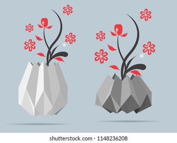 White, gray flower geometric Ceramic vase, collage, on isolated white background.