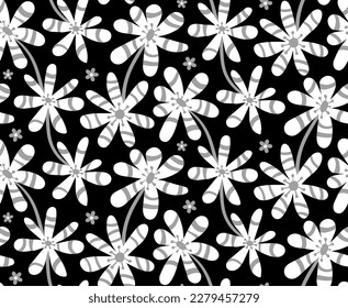 White gray flower on black background. Seamless pattern. Vector illustration