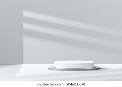 White, Gray geometric pedestal podium in empty room with window shadow. Vector abstract studio room with 3D platform design. Modern minimal scene for cosmetic products. Showcase, Promotion display.