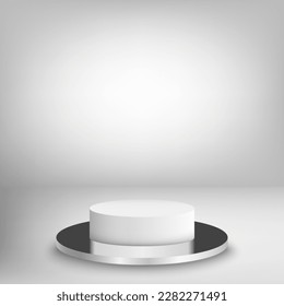 Weißes und graues geometrisches Podium auf einem Sockel. Podium für Produktvorführung und -präsentation.