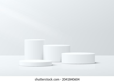 White and Gray geometric steps pedestal podium in clean empty room space. Vector abstract studio room with 3D platform. Luxury minimal wall scene for cosmetic products. Showcase, Promotion display.