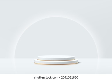 White, Gray And Gold Geometric Pedestal Podium With Glowing Semi Circle Backdrop. Vector Abstract Studio Room With 3D Platform. Luxury Minimal Scene For Cosmetic Products. Showcase, Promotion Display.