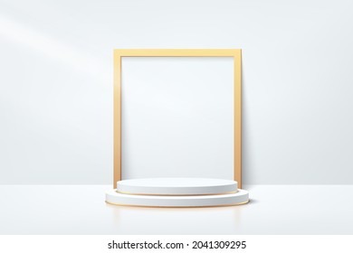 White, Gray and gold geometric pedestal podium with golden square frame. Vector abstract studio room with 3D platform. Luxury minimal wall scene for cosmetic products. Showcase, Promotion display.