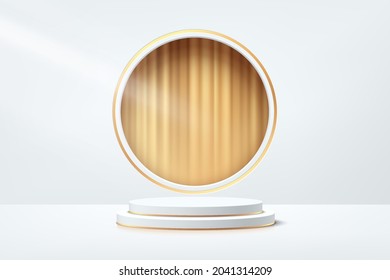 White, Gray and Gold geometric pedestal podium with golden curtain in circle window. Vector abstract studio room with 3D platform design. Luxury minimal scene for products showcase, Promotion display.