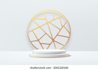 White, Gray and Gold geometric pedestal podium with golden lines circle elements. Vector abstract studio room with 3D platform design. Luxury minimal scene for products showcase, Promotion display.