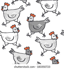 White gray hens run animals wildlife seamless pattern on white background