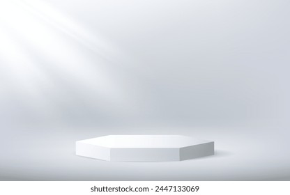 Soporte o podio de hexágono blanco y gris. Habitación vacía con efecto de luz. Escena mínima para la presentación del producto. Telón de fondo de negocios. Ilustración vectorial.