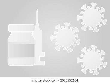 Patógeno del virus de la gripe blanca y gris covid-19 vector.Imagen de fondo del virus con estilo de corte de papel.Icono de símbolo jeringa de botella vacuna antivirus blanco para entrar texto. 