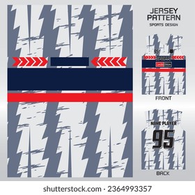 white gray lightning with red and blue stripes pattern design, illustration, textile background for sports t-shirt, football jersey shirt mockup for football club. consistent front view
