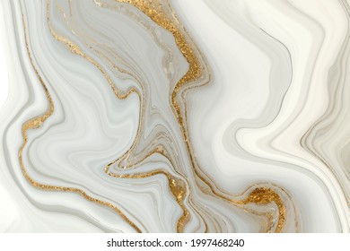 White and gray marble gold veined texture. Light agate ripple background. Vector illustration