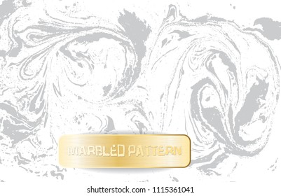 White and gray marble pattern. Light marbling texture. Decorative marbled background with gold banner. Vector illustration.