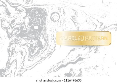 White and gray marble pattern. Light marbling texture. Decorative marbled background with gold banner. Vector illustration.