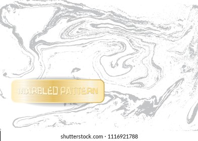 White and gray marble pattern. Light marbling texture. Decorative marbled background with gold banner. Vector illustration.
