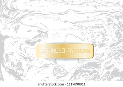 White and gray marble pattern. Light marbling texture. Decorative marbled background with gold banner. Vector illustration
