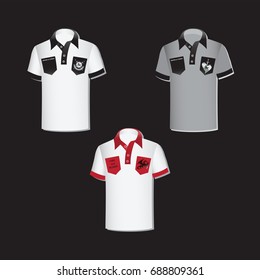 White and gray men's shirts with emblems. The background is black. A realistic layout. Vector illustration. The emblem of the house Stark, house Targaryen