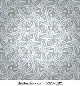 White gray ornamental seamless pattern background in ethnic style. Colored, symmetrical design for surface, packing-paper, fabric or other purpose. Complex puzzle repeatable backdrop. Actual tracery.