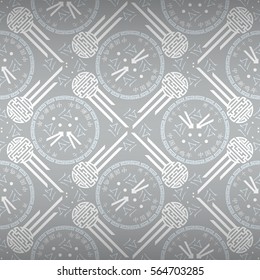 White gray ornamental seamless pattern in china style. Hieroglyph translation: Chinese New Year of the Rooster 2017