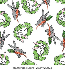 White and gray rabbits with carrots and cabbage