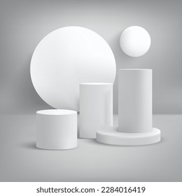 Podio cilíndrico 3D blanco, gris y realista con sombra e iluminación. Estudio abstracto vectorial con diseño geométrico de plataforma.