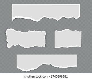 Tiras de papel horizontales de color blanco y gris con espacio para texto, conjunto de tiras de papel rotas y rotas, piezas rotas, plantilla de diseño de banner para web e impresión, publicidad, presentación, vector.