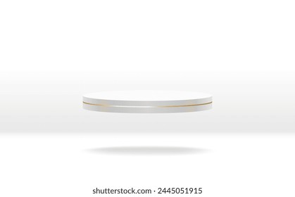 White and gray room with flying circle stage podium. Levitated stage platform and display for product presentation. Realistic 3d style. vector illustration.