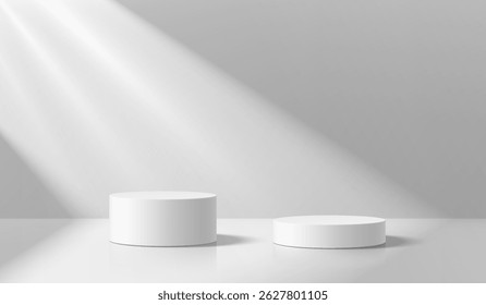 White gray round podium background in 3D clean studio room. Abstract geometric composition in minimalist design. Studio display showroom stand product pedestal, Fashion stage showcase mockup scene.