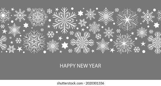Borde de copos de nieve sin costuras de color blanco y gris, diseño navideño para tarjeta de felicitación. Ilustración vectorial, alegre navidad encabezado o banner de copo de nieve, tapicería o decoración de fondo 