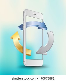 White gray smartphone perspective transparent screen mock-up with three circle arrows on blue abstract background. Highly detailed vector illustration.