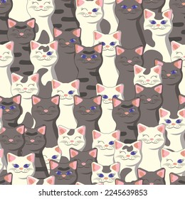 Gatos blancos, grises, desnudos, manchados y manchados sobre un vector de patrón sin costura y animalista
