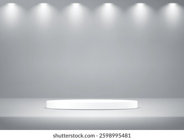 White and gray studio room background. Gray color background vector 3d with white podium. Empty room with light effect. Space for selling products on the website. Vector illustration.