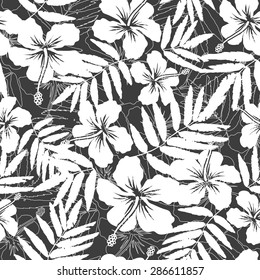 White and gray tropical flowers silhouettes vector seamless pattern