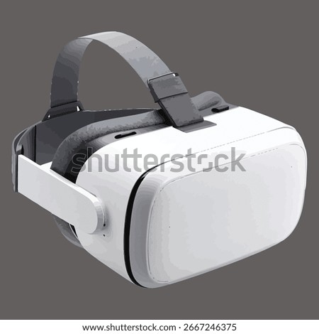 A white and gray virtual reality headset with adjustable straps and visible lenses. The device is angled to show its form and design, resting against a muted gray background. 