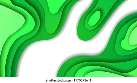 White And Green Abstract Paper Cut Background Vector Shadows 3D Smooth Objects Modern Design