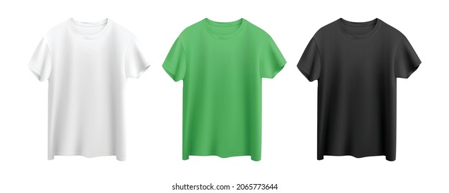 white, green and black t-shirts isolated on white background front view vector mock up