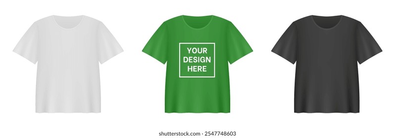 White, green and black T-shirts. Realistic 3d mockup of T-shirt with short sleeves. Empty space for your design. Print shop