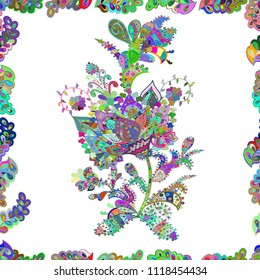 White, green and blue curly flowers shapes on white, green and blue colors. Vector illustration. Vintage flower design elements.