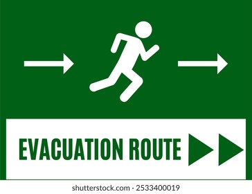 Sinal de pátio de rota de evacuação branco e verde, design de alta visibilidade, gráficos direcionais claros, essenciais para planejamento de segurança e emergência, perfeito para espaços públicos e edifícios