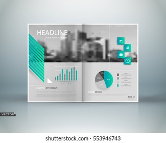 White, green brochure cover design. Fancy info banner. Ad flyer text font. Title sheet model. Modern vector front page. Creative urban city blurb texture. Financial strategy frame. Plan figures icon