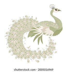 White and green colored peacock design. Vector illustration.