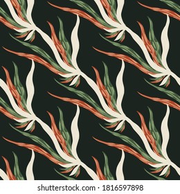 White, green and coral colores seaweed seamless pattern. Doodle underwater print on dark background. Designed for wallpaper, textile, wrapping paper, fabric print. Vector illustration.