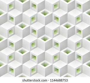 Motif harmonieux de cubes verts blancs isométriques. Image vectorielle arrière-plan géométrique carrelable.