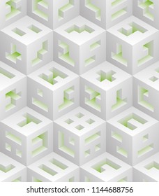 Patrón inoxidable isométrico de cubos verde blanco. Fondo de baldosas vectoriales. Concepto de tecnología Blockchain.