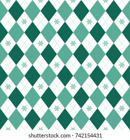 White and green diamond-shape quadrangle seamless Christmas pattern with snowflakes, can be used for gift wrapping paper